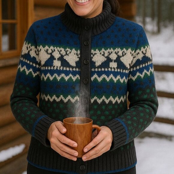 Liz Claiborne Fair Isle Button Mock Neck Sweater | Deer Pattern | Size L - Picture 1 of 9